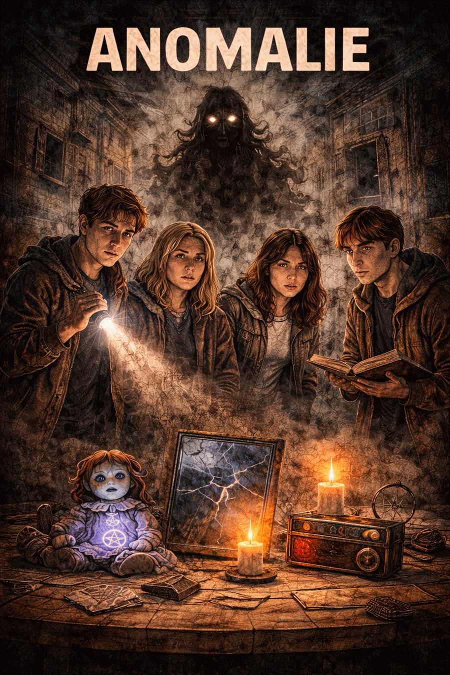 Affiche d’Anomalie : une équipe explore une pièce à la lampe torche